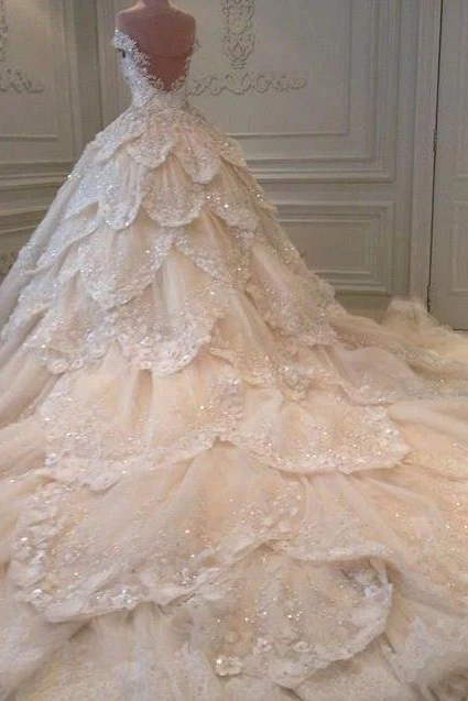 Luxurious Off the Shoulder Beading Wedding Dress Crystal Tiered Chapel Train Bridal Gowns - Image 3