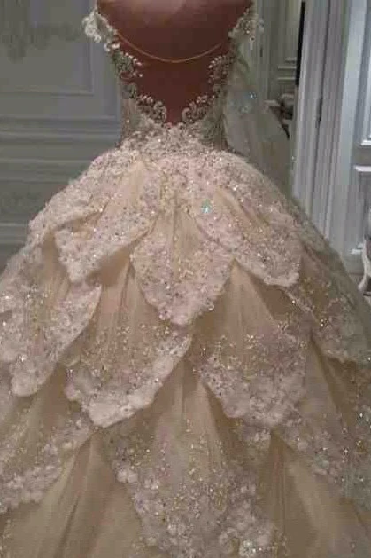 Luxurious Off the Shoulder Beading Wedding Dress Crystal Tiered Chapel Train Bridal Gowns - Image 4