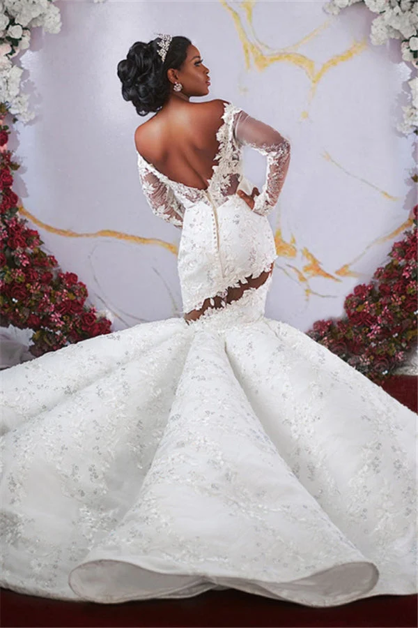 Luxurious Off the shoulder Long Sleevess Mermaid Ruffless Appliqued Beading Wedding Dresses - Image 2
