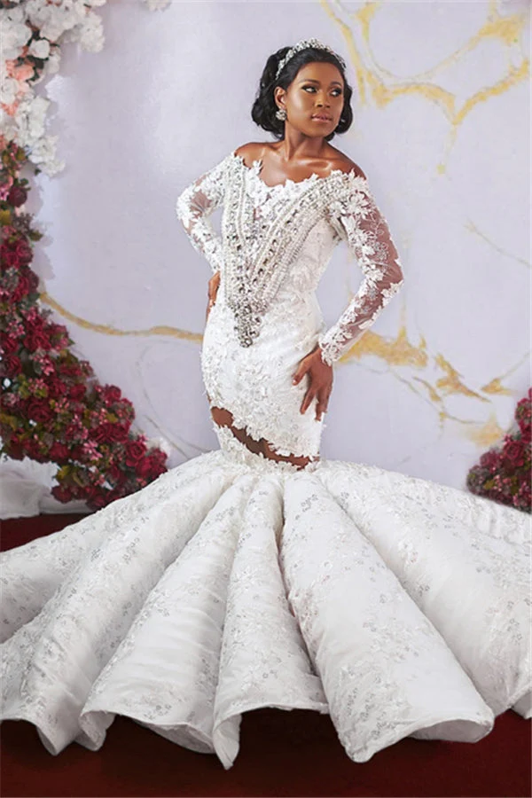 Luxurious Off the shoulder Long Sleevess Mermaid Ruffless Appliqued Beading Wedding Dresses - Image 3