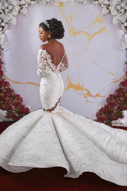 Luxurious Off the shoulder Long Sleevess Mermaid Ruffless Appliqued Beading Wedding Dresses - Image 4