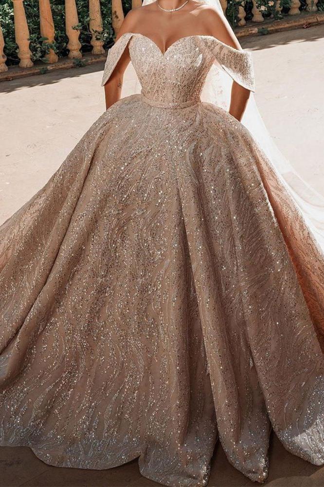 Luxurious Off the Shoulder Sequins Ball Gowns for Women A line Satin Bridal Gowns - Image 2