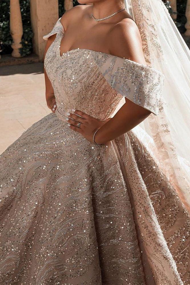 Luxurious Off the Shoulder Sequins Ball Gowns for Women A line Satin Bridal Gowns - Image 3
