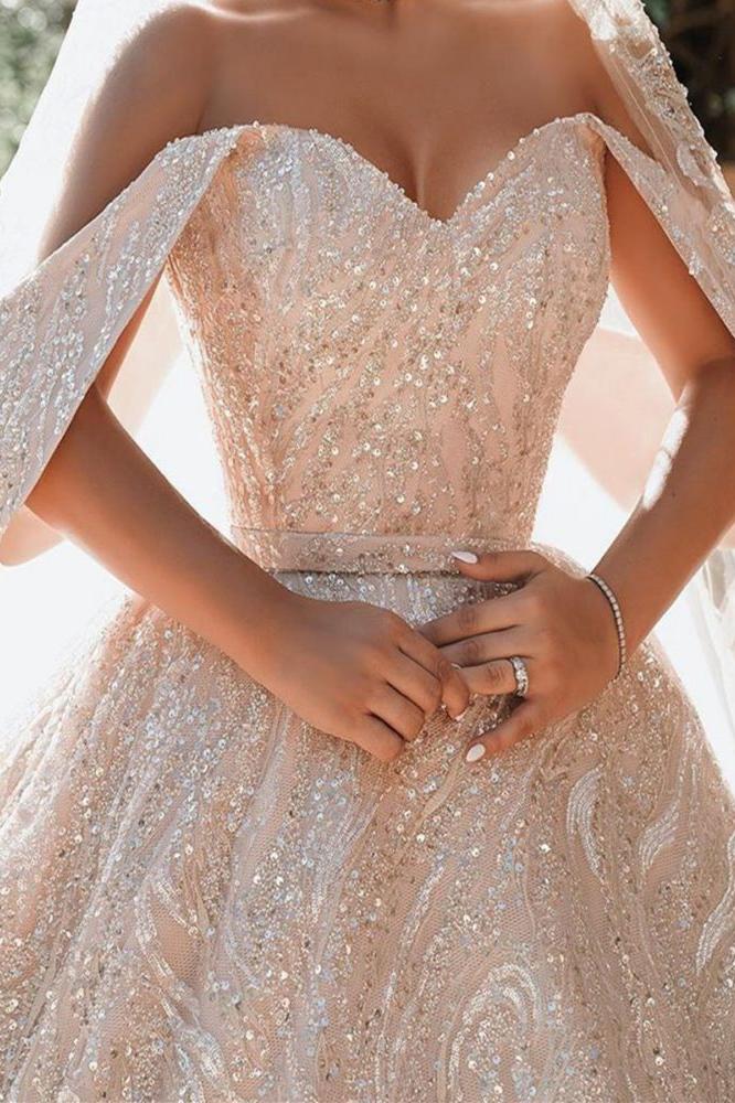 Luxurious Off the Shoulder Sequins Ball Gowns for Women A line Satin Bridal Gowns - Image 5