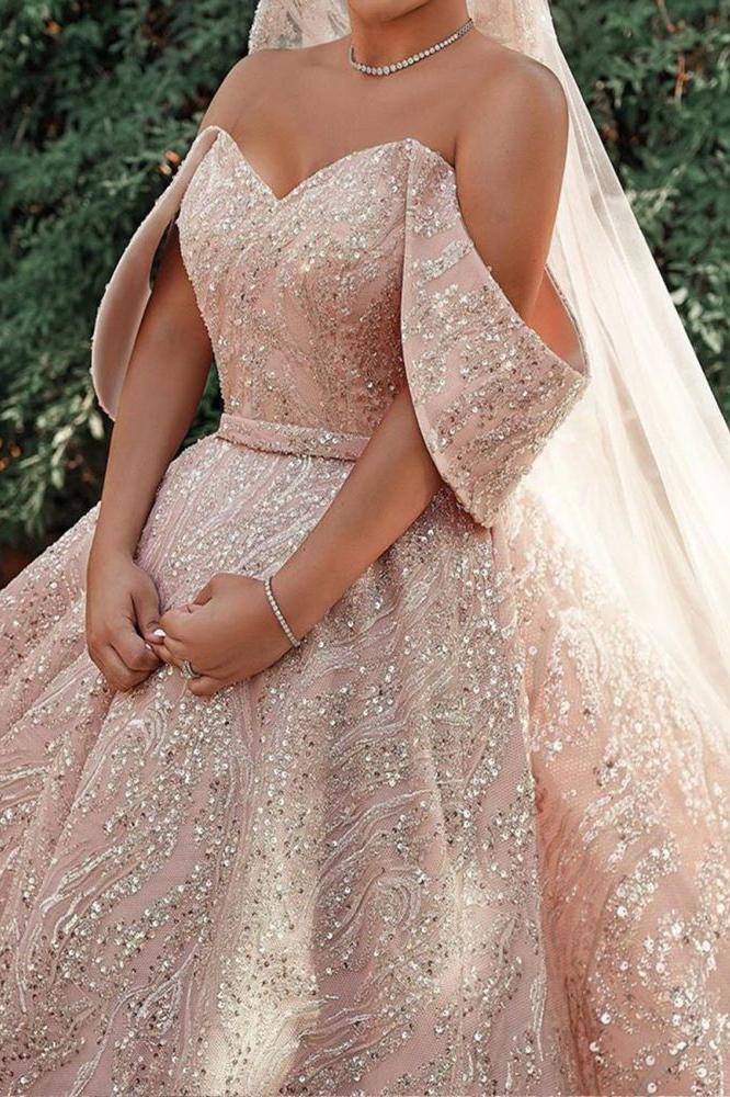 Luxurious Off the Shoulder Sequins Ball Gowns for Women A line Satin Bridal Gowns - Image 6