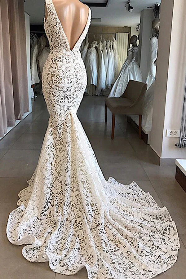 Luxurious Plunging V neck Mermaid Lace Wedding Dresses Romantic Bridal Gowns for Garden Wedding - Image 2