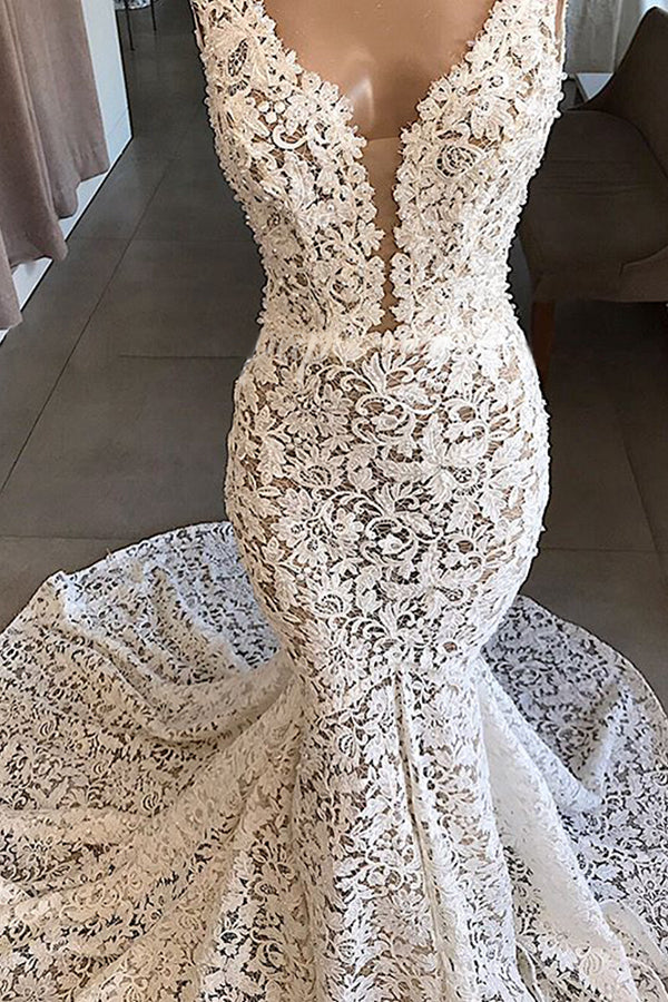 Luxurious Plunging V neck Mermaid Lace Wedding Dresses Romantic Bridal Gowns for Garden Wedding - Image 3