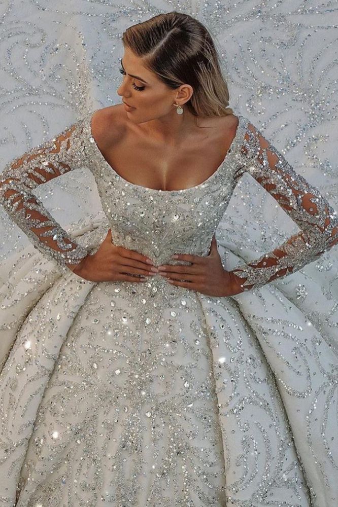 Luxurious Princess Ball Gown Long Sleevess Sparkly sequins Bridal Gowns with Sweep Train - Image 3