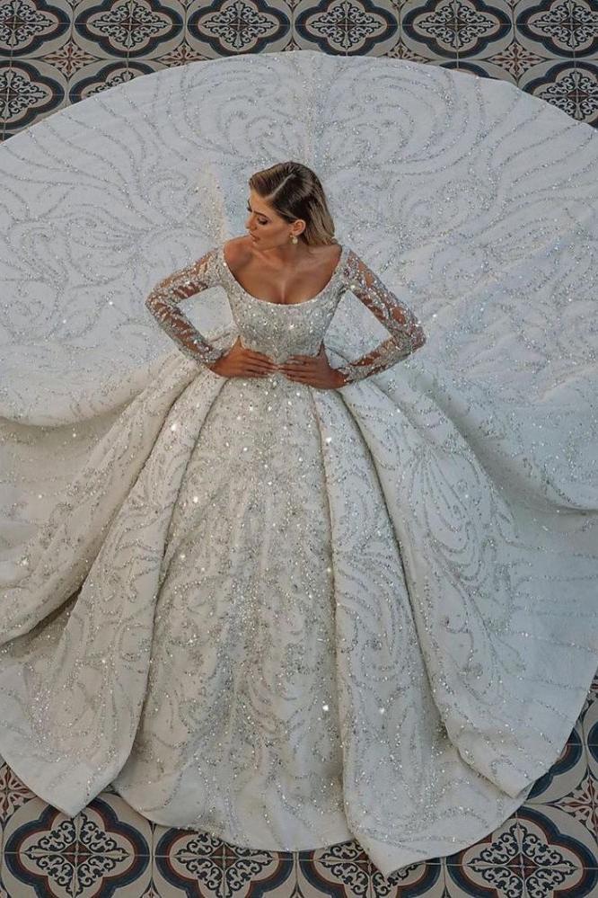 Luxurious Princess Ball Gown Long Sleevess Sparkly sequins Bridal Gowns with Sweep Train - Image 4