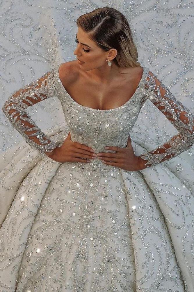 Luxurious Princess Ball Gown Long Sleevess Sparkly sequins Bridal Gowns with Sweep Train - Image 6