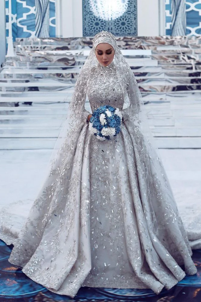 Luxurious Sequins Bridal Gown Aline Long Sleeves Highneck Sweep Train - Image 3