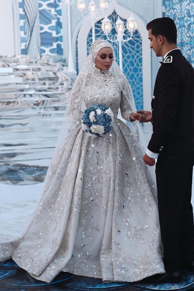 Luxurious Sequins Bridal Gown Aline Long Sleeves Highneck Sweep Train - Image 4