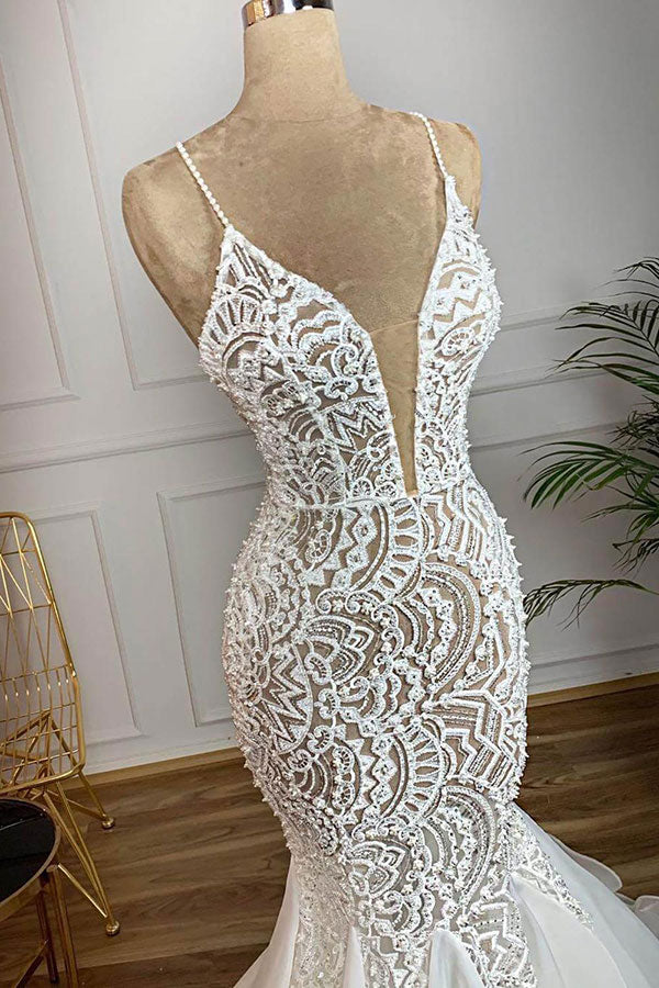Luxurious Spaghetti Strap Plugging V neck White Sleeveless Mermaid Hollow Wedding Dress - Image 2