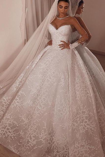Luxurious Sparkle Beaded Ball Gown Tulle Lace Illusion neck Wedding Dress - Image 2