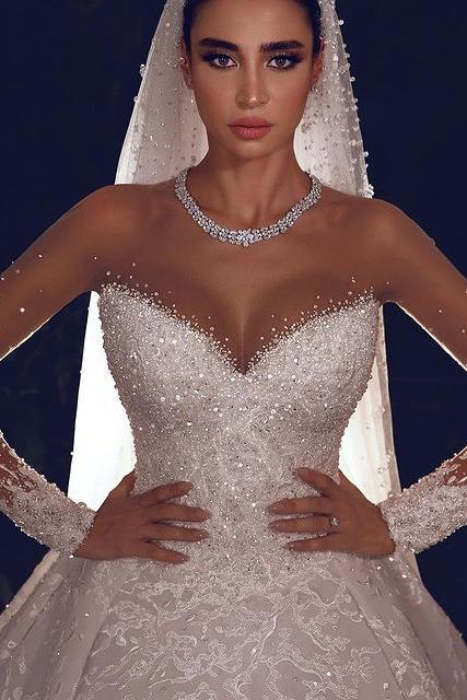 Luxurious Sparkle Beaded Ball Gown Tulle Lace Illusion neck Wedding Dress - Image 3