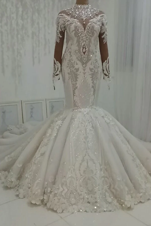 Luxurious Sparkle Beaded High neck Fit and Flare Mermaid Wedding Dress - Image 2
