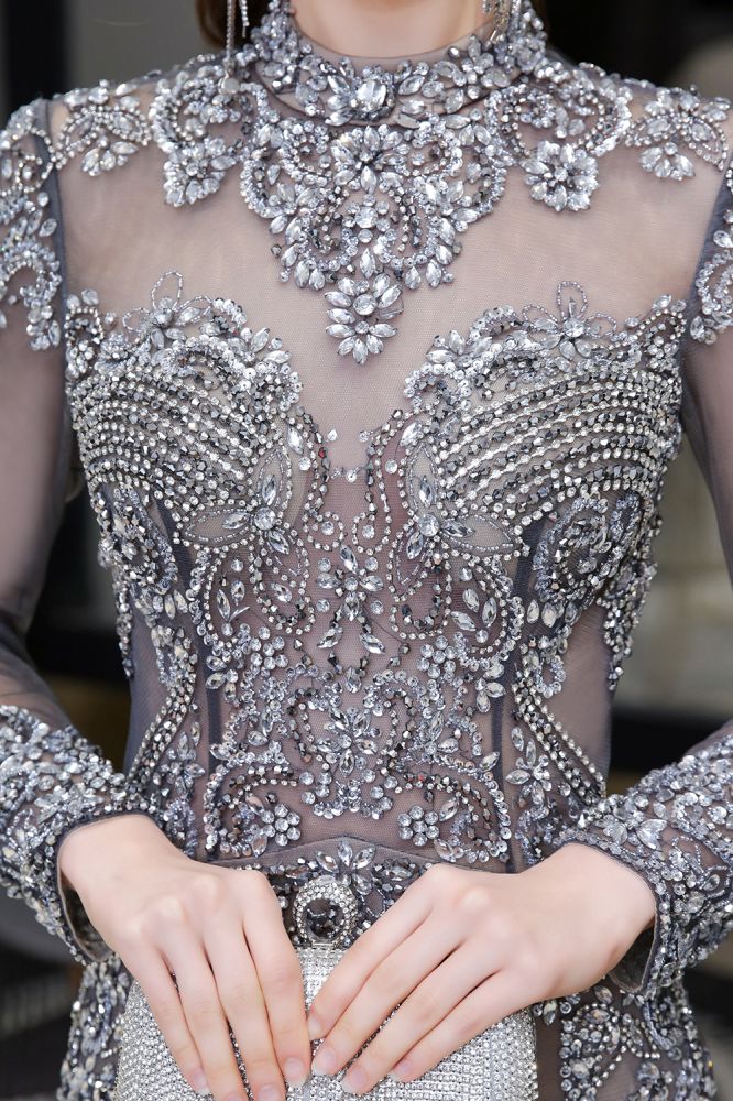 Luxurious Sparkle Cap sleeves High neck Beads Long Prom Dresses - Image 9