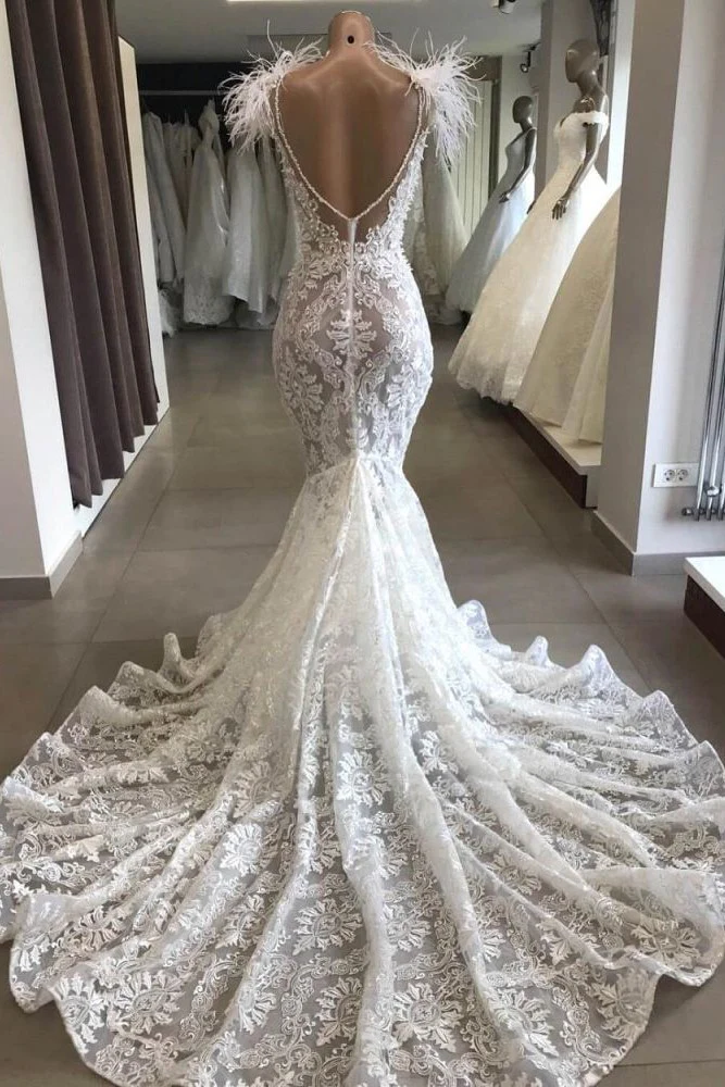 Luxurious White Hollow Sweetheart Open Back Lace Long Wedding Dress with Fur Neckline - Image 3