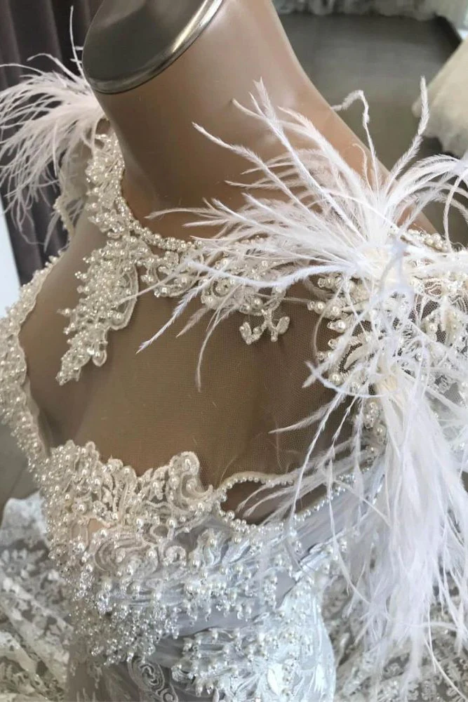 Luxurious White Hollow Sweetheart Open Back Lace Long Wedding Dress with Fur Neckline - Image 4