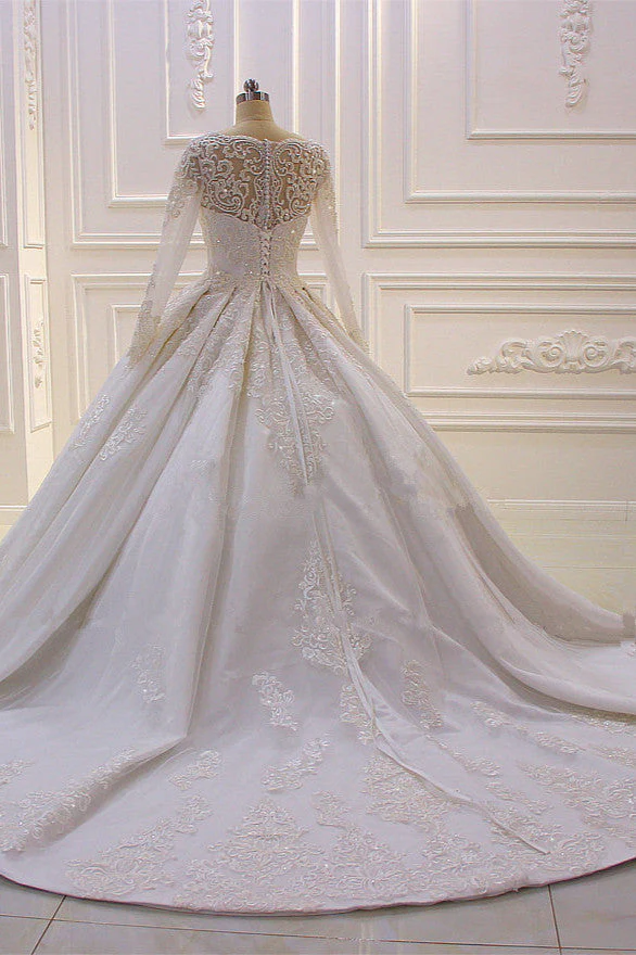 Luxurious White Long Sleevess Appliques Beadings Wedding Dress - Image 2