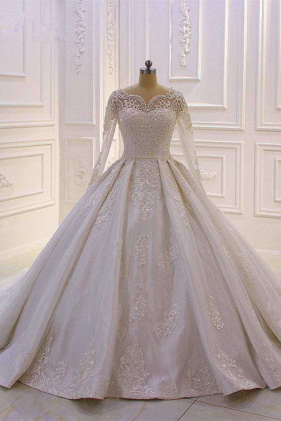 Luxurious White Long Sleevess Appliques Beadings Wedding Dress - Image 3