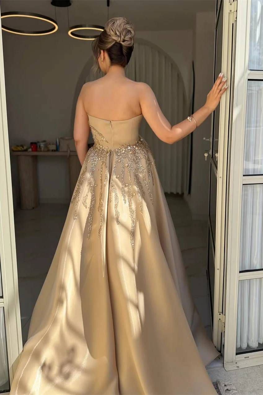 Luxury Asymmetrical Strapless Sleeveless Satin Prom Dresses A-Line Slit Gem With Zipper Pleats - Image 2