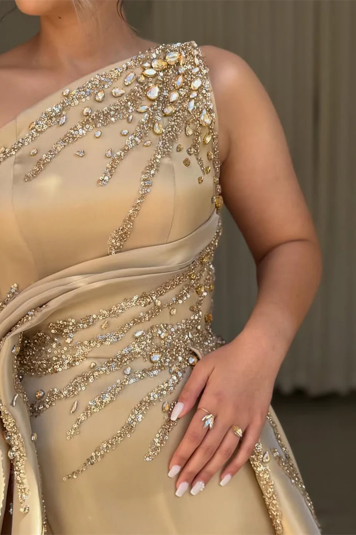 Luxury Asymmetrical Strapless Sleeveless Satin Prom Dresses A-Line Slit Gem With Zipper Pleats - Image 3