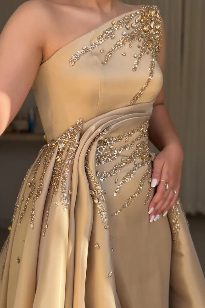 Luxury Asymmetrical Strapless Sleeveless Satin Prom Dresses A-Line Slit Gem With Zipper Pleats - Image 5