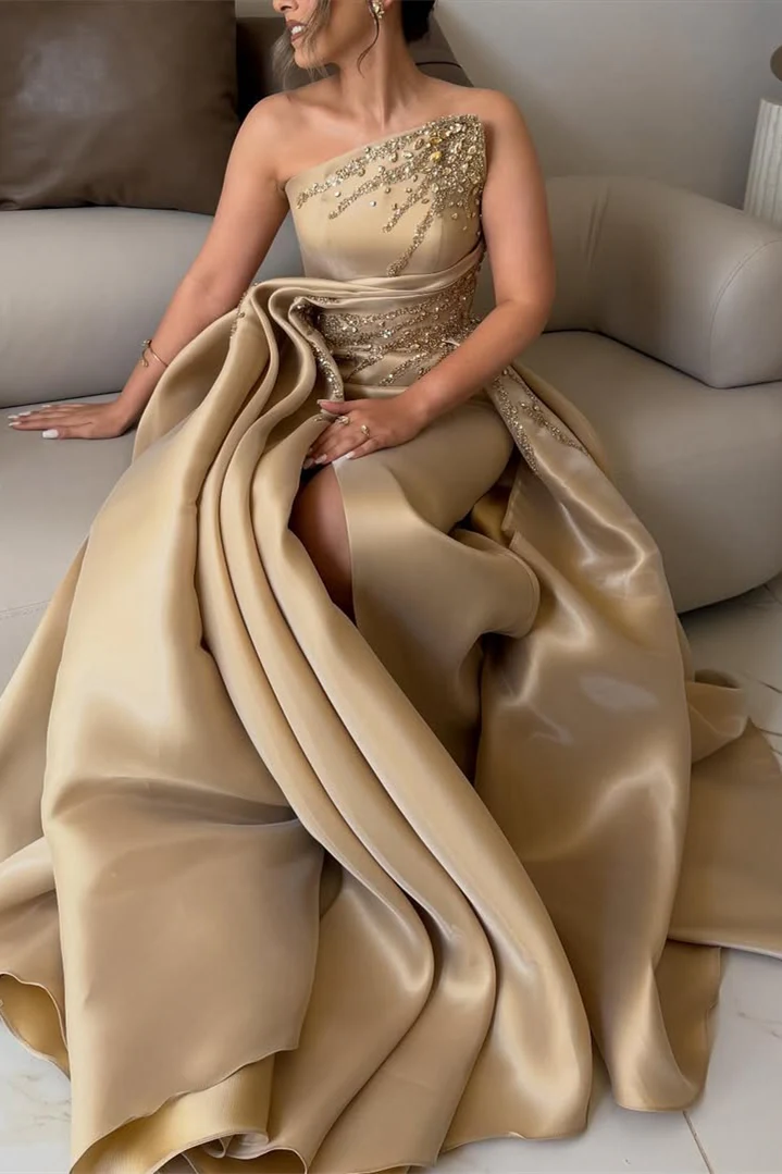 Luxury Asymmetrical Strapless Sleeveless Satin Prom Dresses A-Line Slit Gem With Zipper Pleats - Image 6