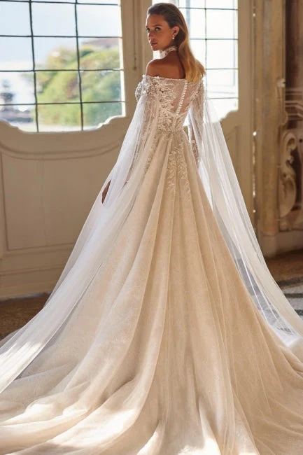 Modern Modest Off-the-Shoulder Long Sleevess Long Lace Wedding Dresses Online Beadings - Image 2