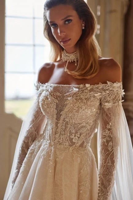 Modern Modest Off-the-Shoulder Long Sleevess Long Lace Wedding Dresses Online Beadings - Image 3