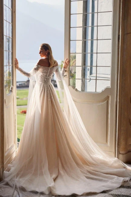 Modern Modest Off-the-Shoulder Long Sleevess Long Lace Wedding Dresses Online Beadings - Image 4