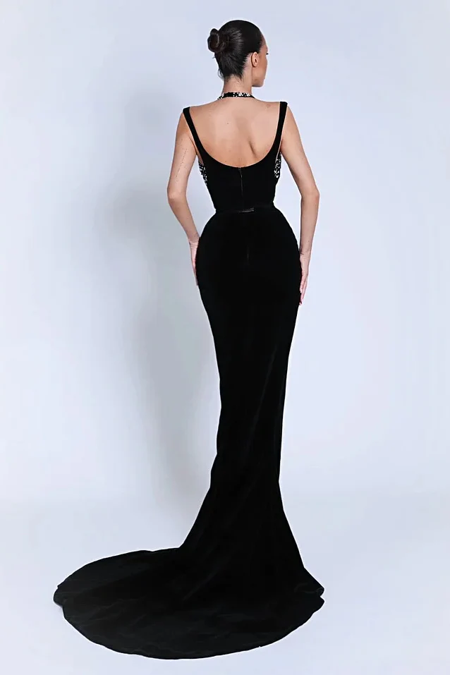Luxury Black Halter Sleeveless V-Neck Mermaid Prom Dress High Split Gem With Zipper - Image 2