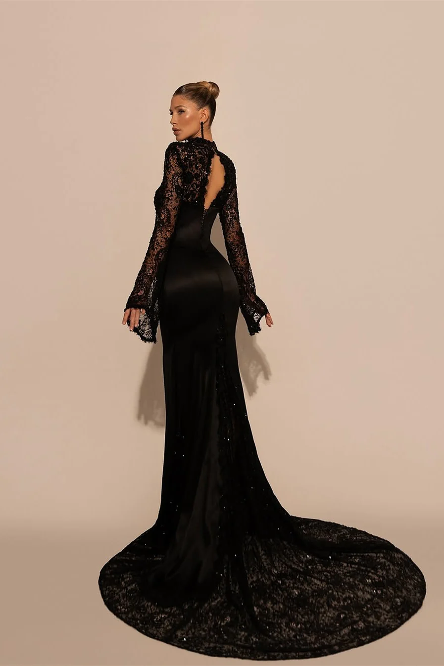 Luxury Black High Collar Long Sleeves Lace Prom Dresses Mermaid Column With Zipper - Image 2