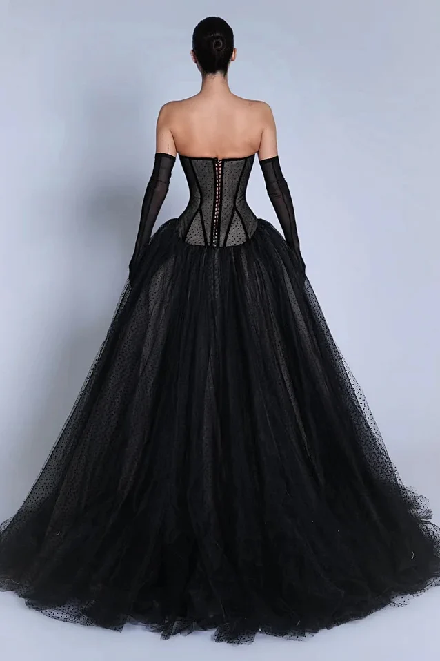 Luxury Black Sweetheart Strapless Tulle A-Line Prom Dress Lace-Up Back With Gloves Pleats - Image 2
