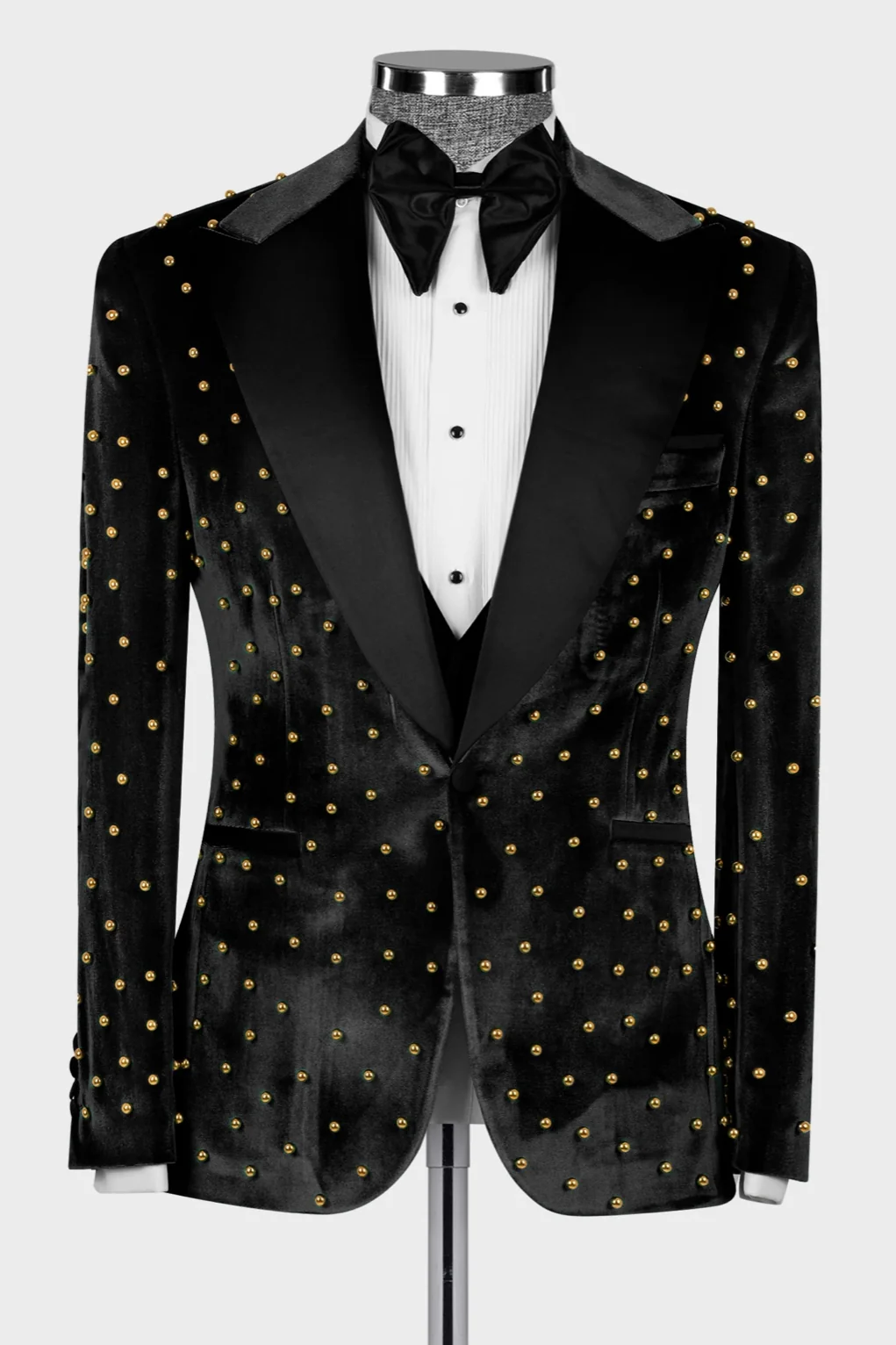 Luxury Black Velvet 3-Piece Prom Suit with Gold Beadings for Dinner - Image 2