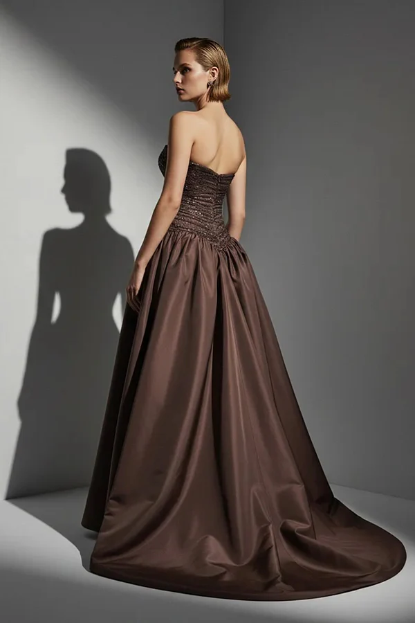 Luxury Brown Strapless Sleeveless Satin Prom Dress A-Line Beads With Zipper Pleats - Image 2