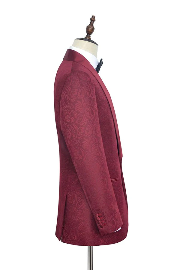 Luxury Burgundy Jacquard One Button Silk Shawl Lapel Mens Suits for Wedding and Prom - Image 4