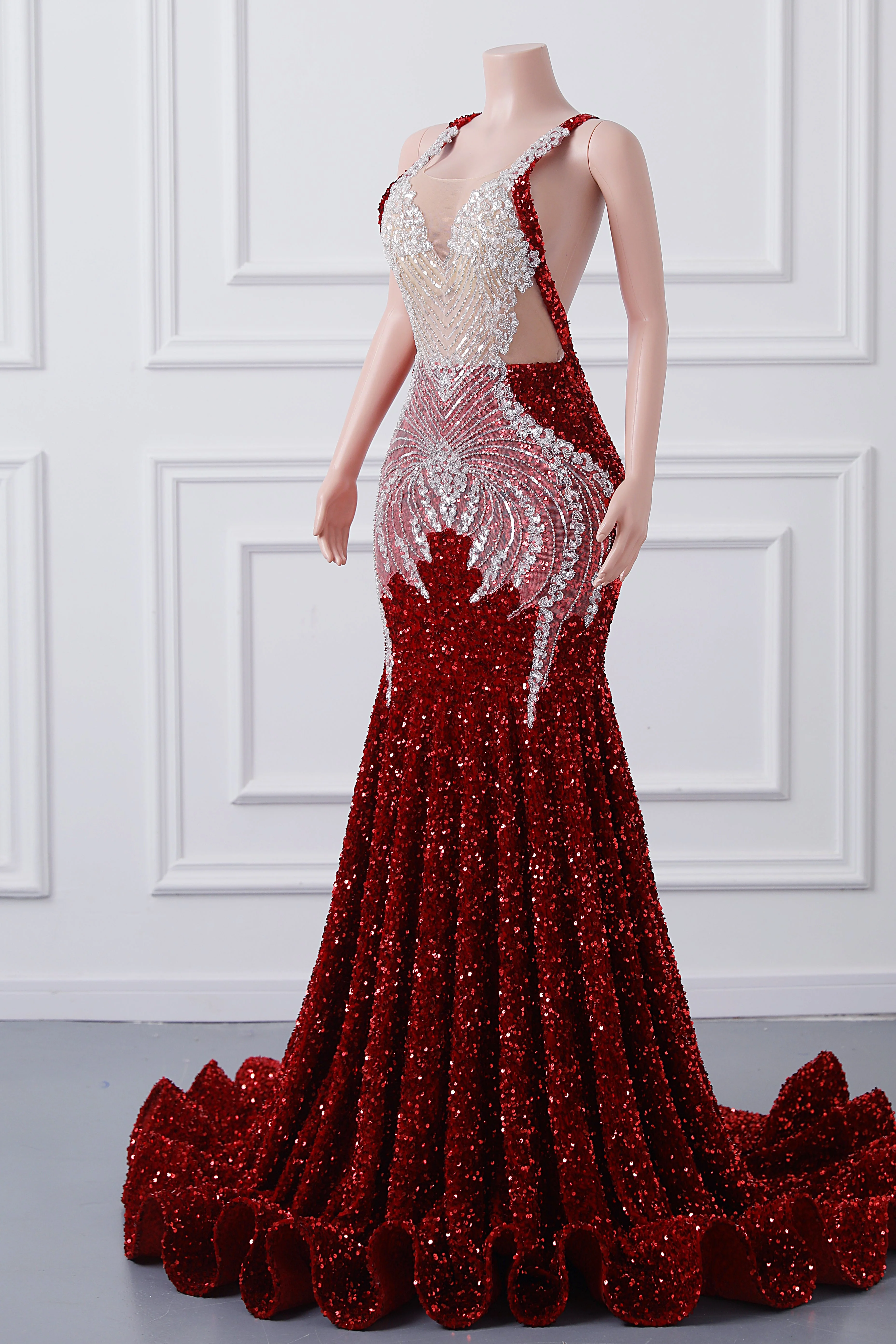 Luxury Burgundy Sequin Mermaid Silver Beaded Court Trian Criss Cross Prom Dresses - Image 3