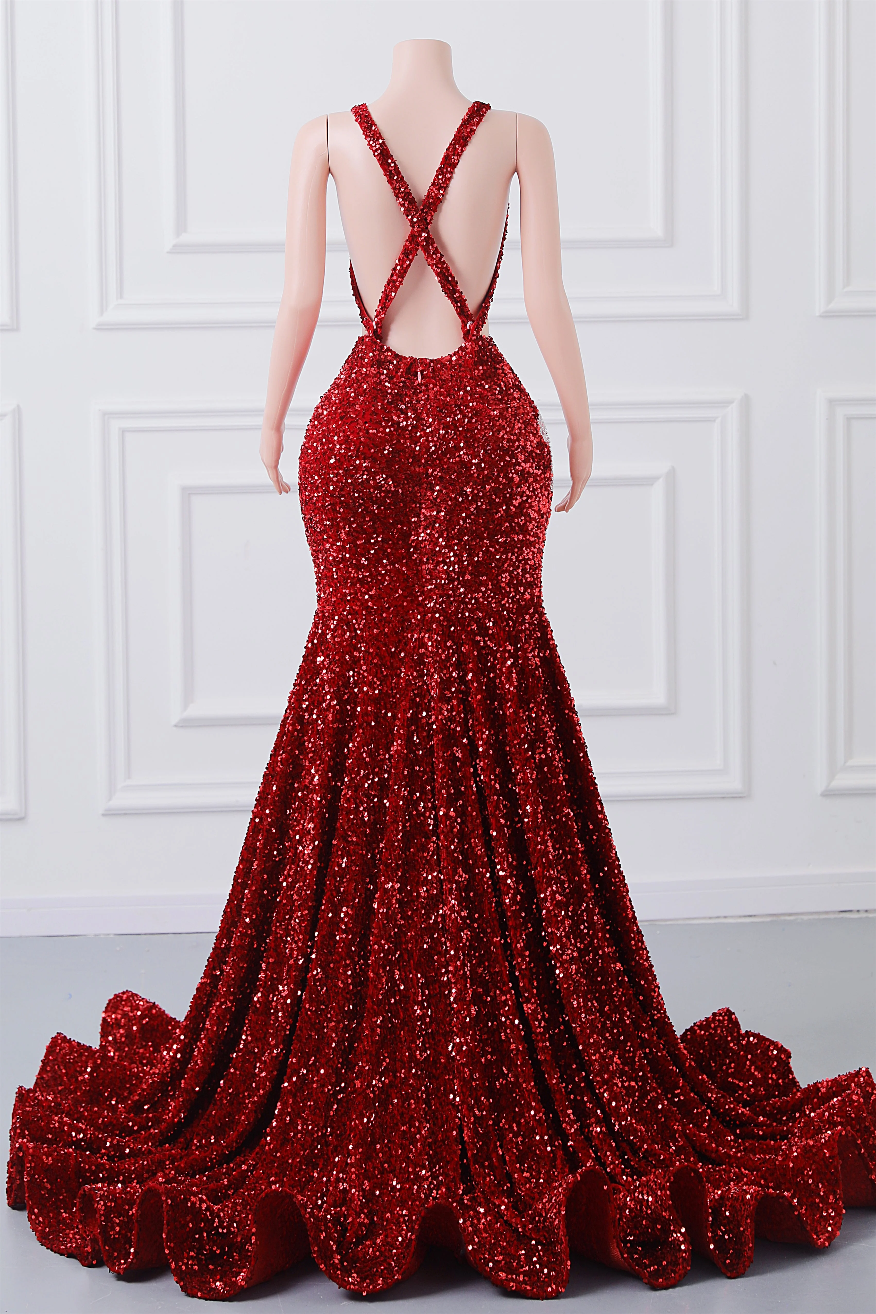Luxury Burgundy Sequin Mermaid Silver Beaded Court Trian Criss Cross Prom Dresses - Image 4