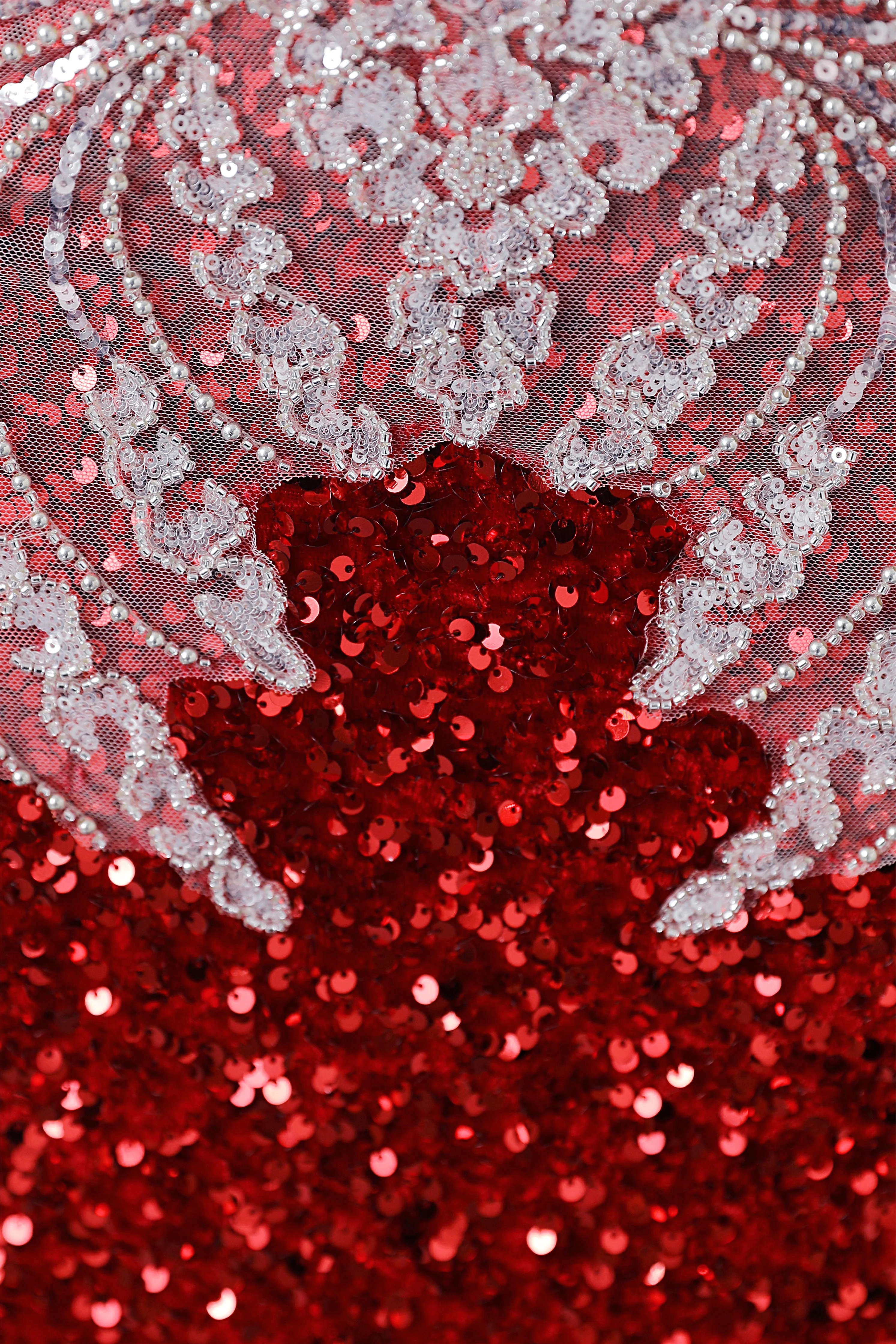 Luxury Burgundy Sequin Mermaid Silver Beaded Court Trian Criss Cross Prom Dresses - Image 7