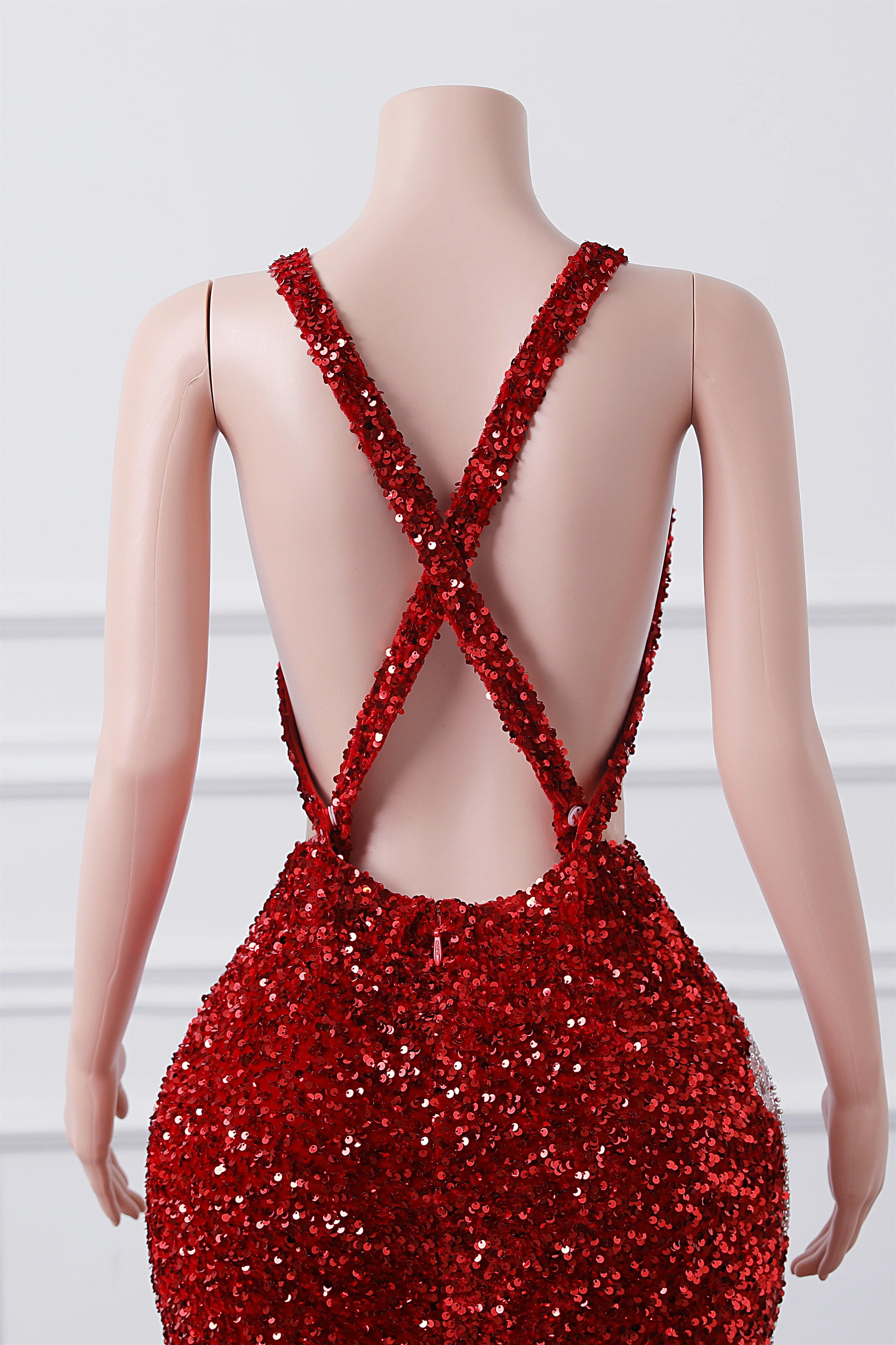 Luxury Burgundy Sequin Mermaid Silver Beaded Court Trian Criss Cross Prom Dresses - Image 8