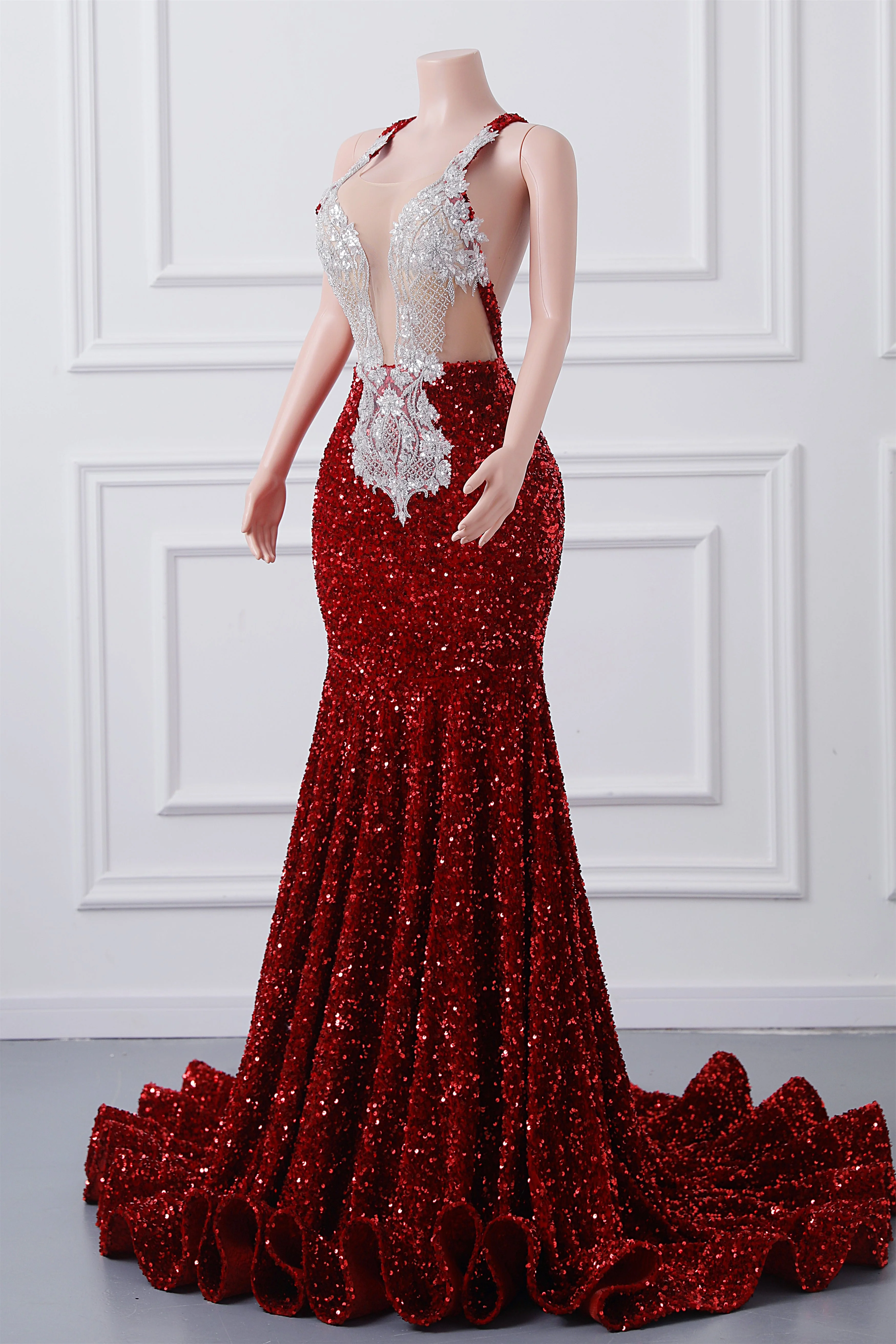 Luxury Burgundy Sequin Mermaid Silver Beaded Court Trian Prom Dresses - Image 4