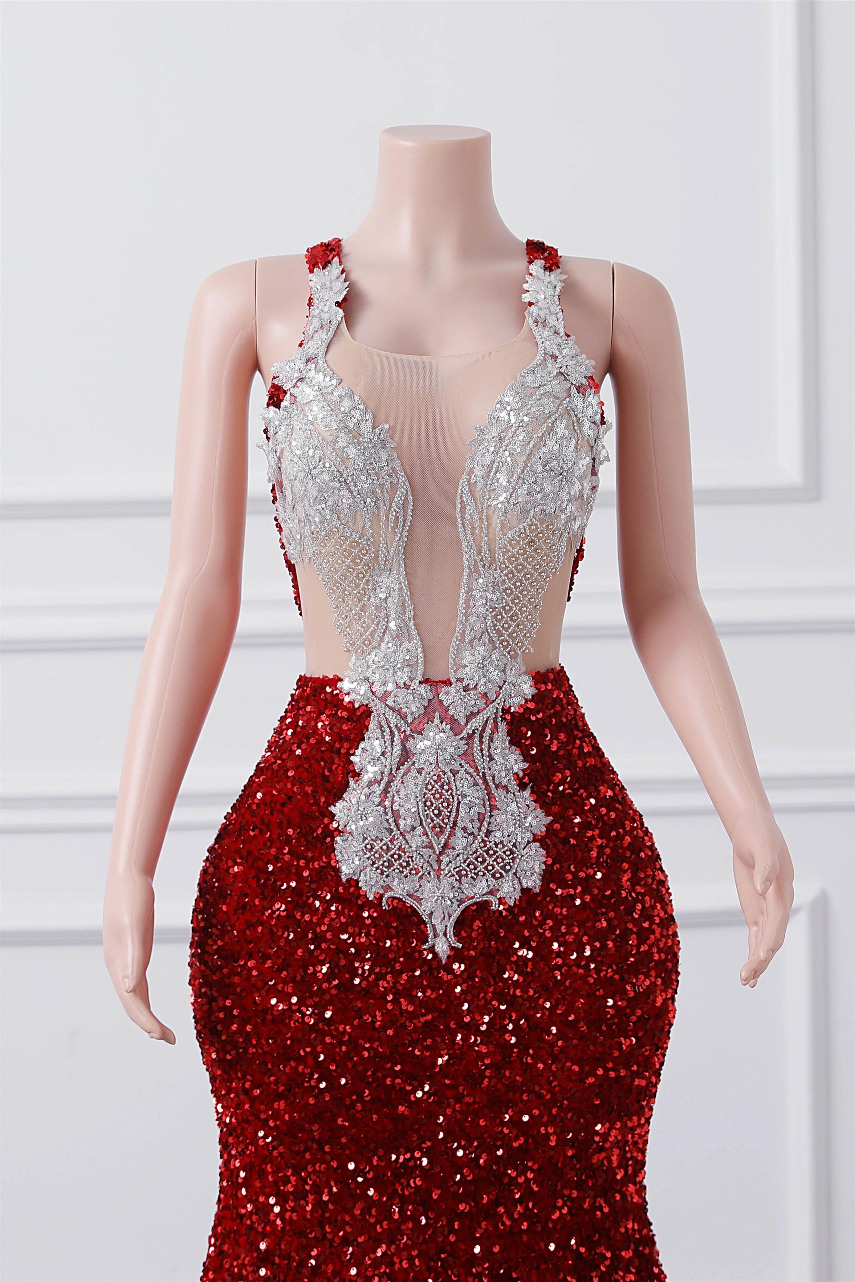 Luxury Burgundy Sequin Mermaid Silver Beaded Court Trian Prom Dresses - Image 5