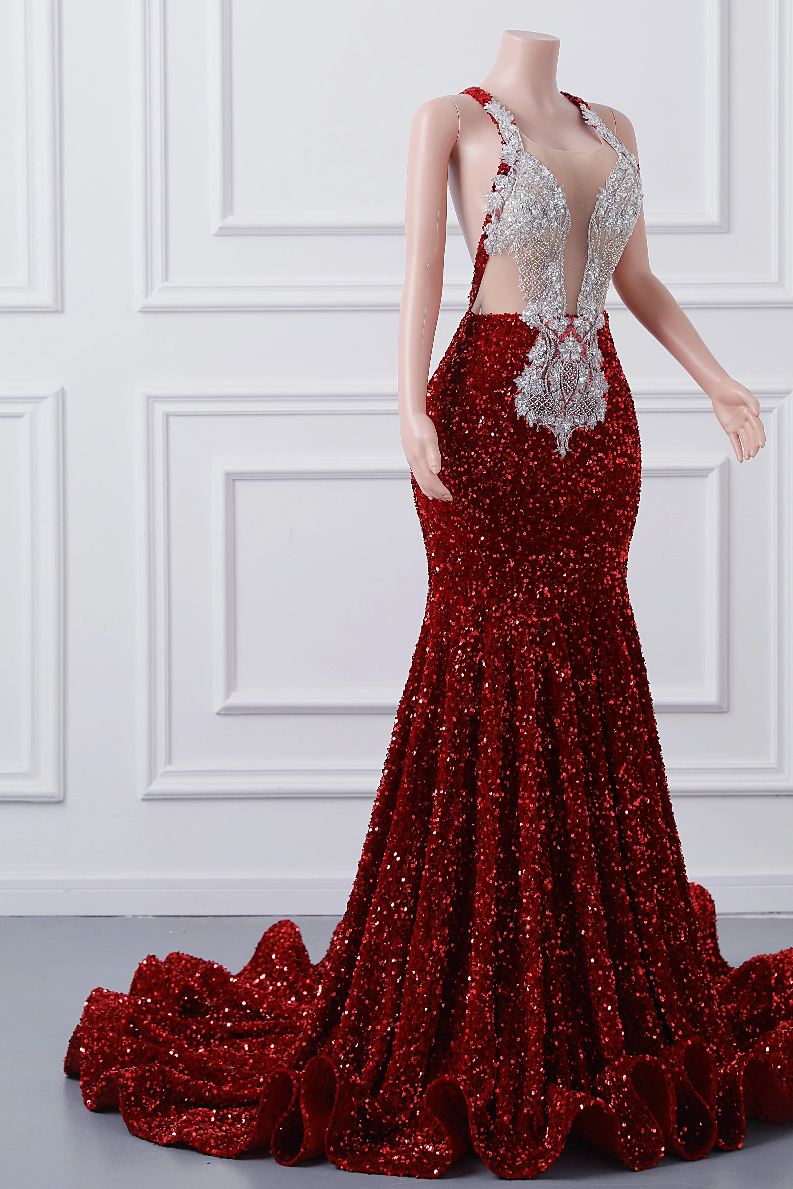 Luxury Burgundy Sequin Mermaid Silver Beaded Court Trian Prom Dresses - Image 8