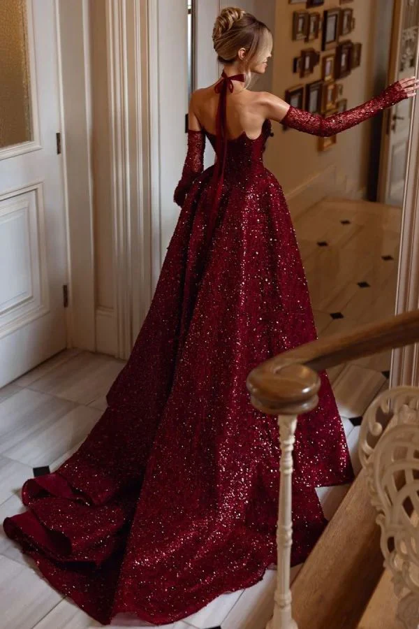 Luxury Burgundy Strapless A-line Princess Floor length Prom Dresses - Image 2