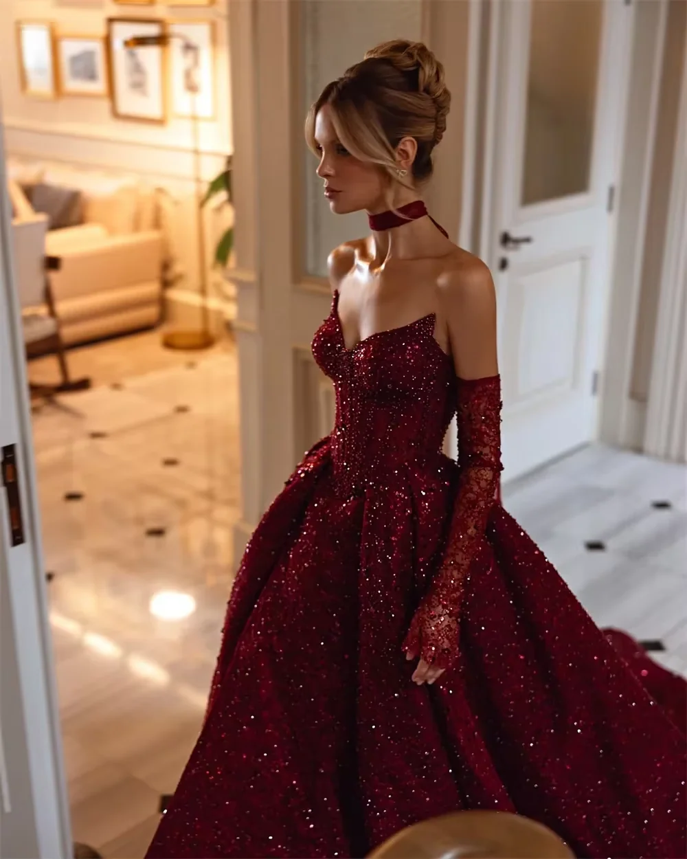 Luxury Burgundy Strapless A-line Princess Floor length Prom Dresses - Image 3