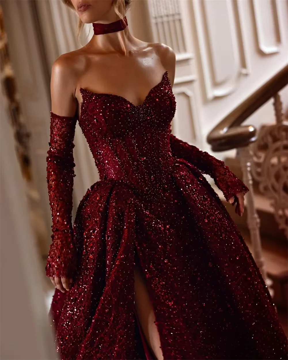 Luxury Burgundy Strapless A-line Princess Floor length Prom Dresses - Image 4