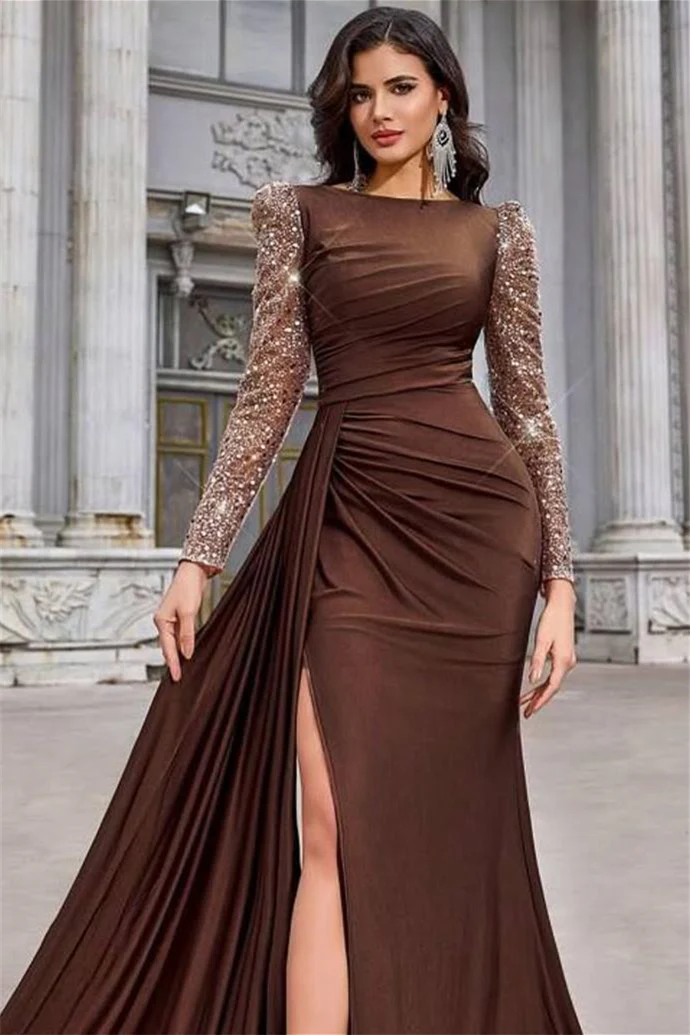 Luxury Chocolate Bateau Long Sleeves Satin Sequins Prom Dress Mermaid Side Split With Ruffle - Image 2