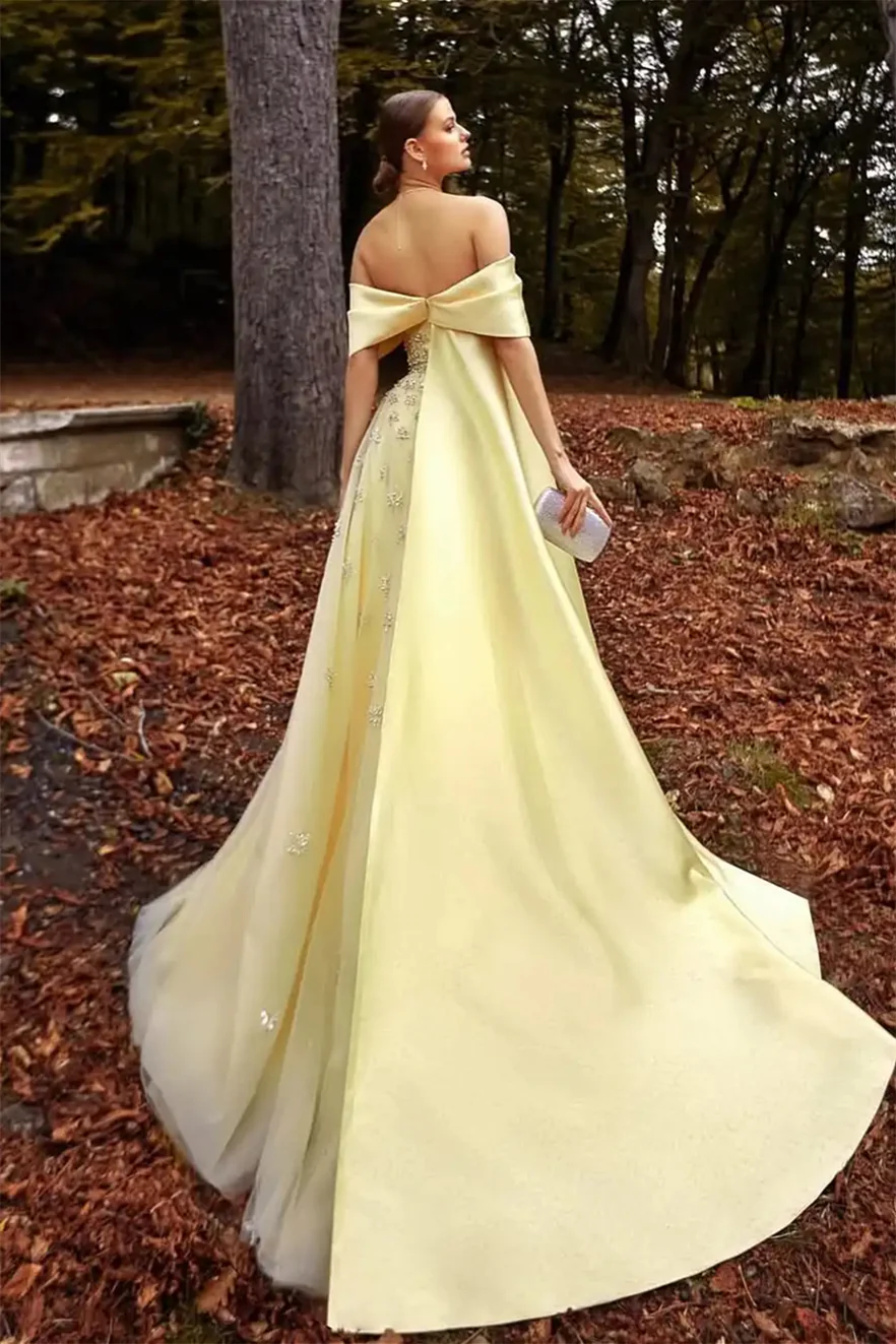 Luxury Daffodil Off-The-Shoulder A-Line Prom Dresses Beads With Ruffle Zipper - Image 2